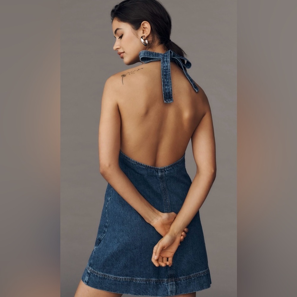 Reformation Brittany Halter Denim Mini Dress Size XL NWT - Picture 2 of 16